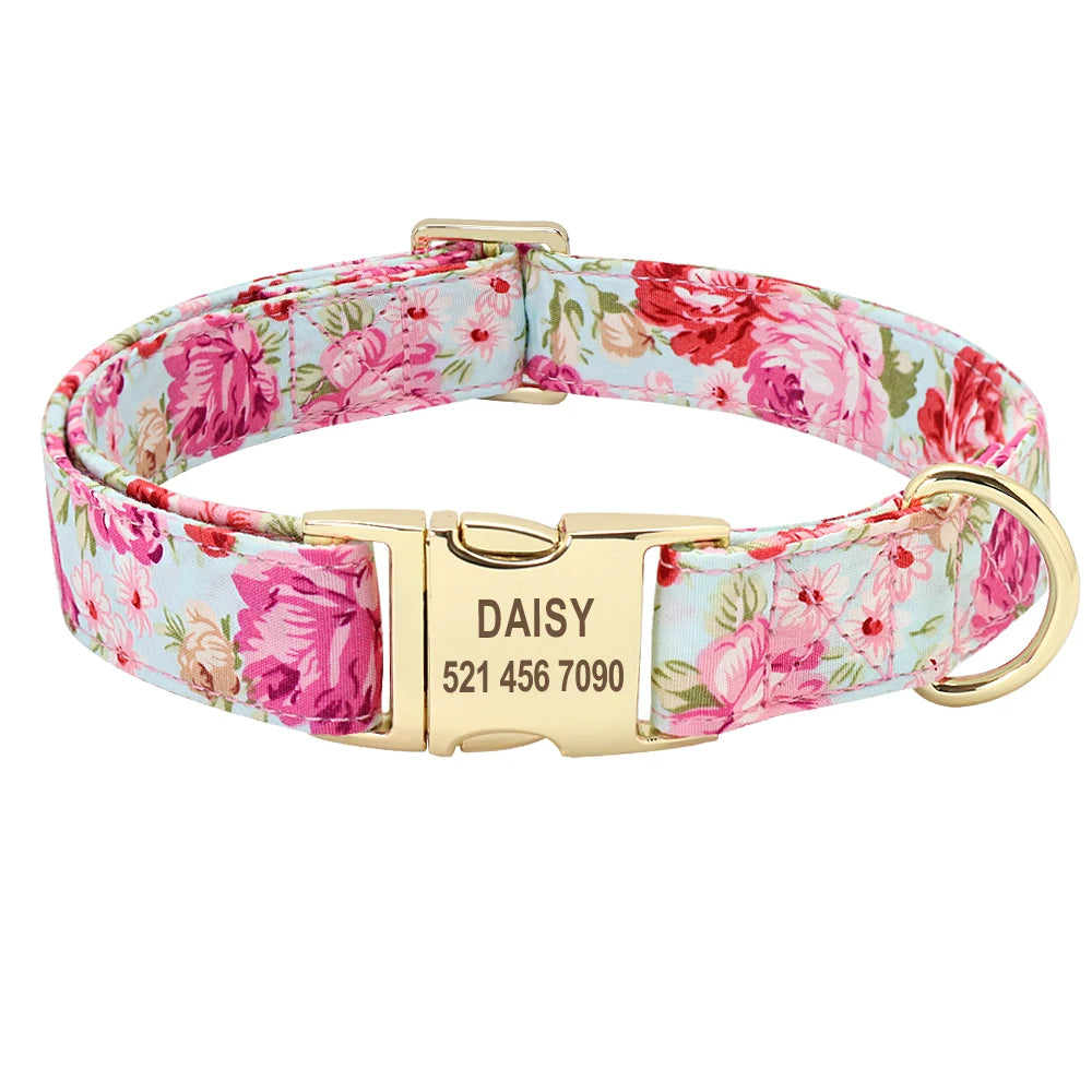 Printed Dog Collar Leash Set Customized Engraved Nameplate