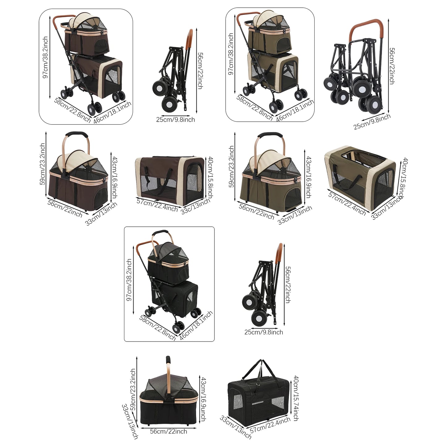 3-in-1 Multifunctional Pet Stroller Foldable with 2 Pet Carriers