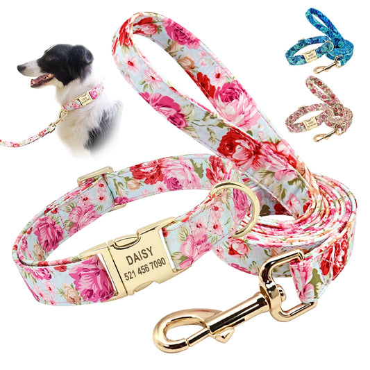 Printed Dog Collar Leash Set Customized  Engraved Nameplate
