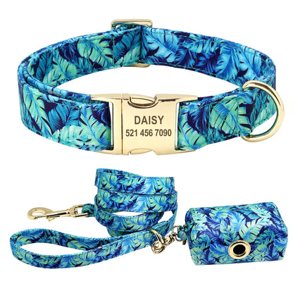 Printed Dog Collar Leash Set Customized  Engraved Nameplate