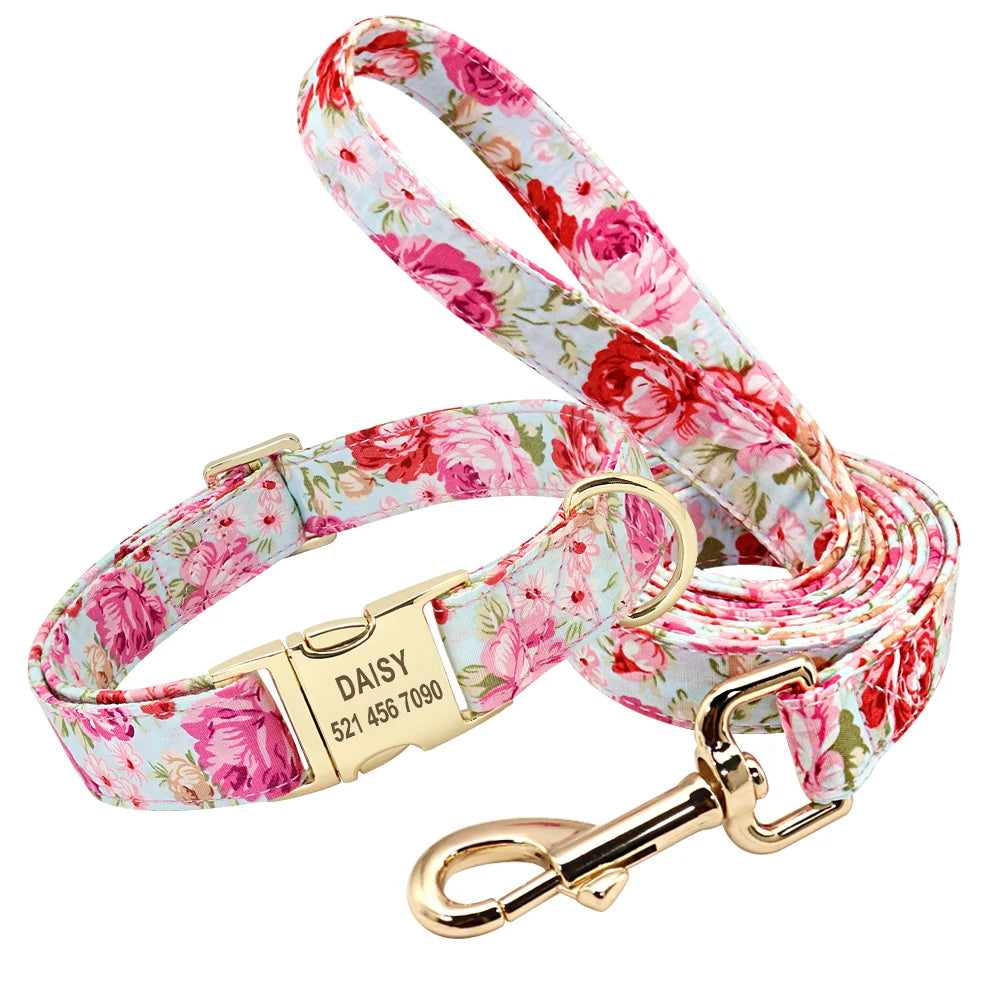 Printed Dog Collar Leash Set Customized  Engraved Nameplate