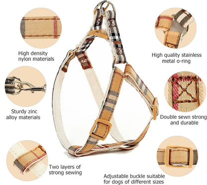 Adjustable Plaid Dog Collar Harness Leash Set,