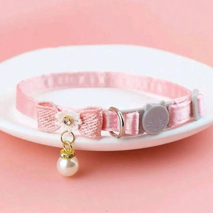 1pc Adjustable Polyester Cat Collar With Pearl Bead Decor