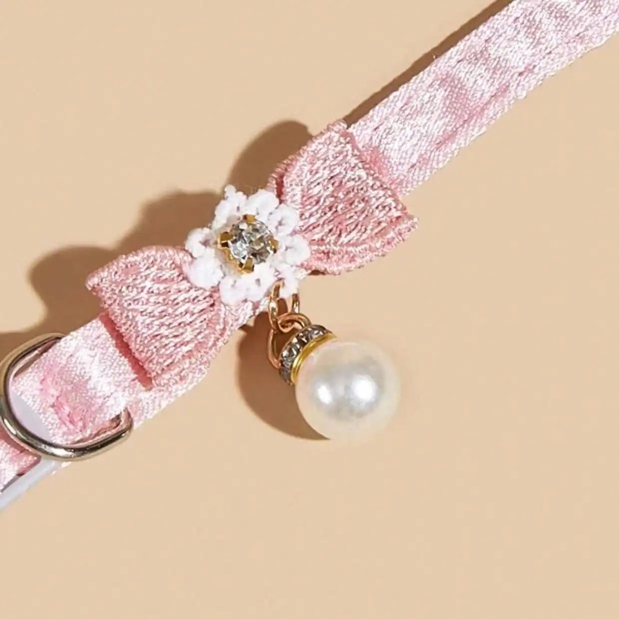 1pc Adjustable Polyester Cat Collar With Pearl Bead Decor