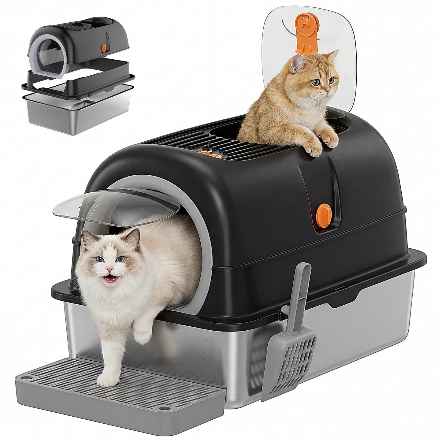 24IN Stainless Steel Cat Litter Box  Fully Enclosed ,30L Large Cat Box ,   Scoop and Mat Included