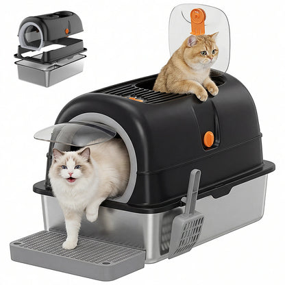 24IN Stainless Steel Cat Litter Box  Fully Enclosed ,30L Large Cat Box ,   Scoop and Mat Included