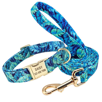 Printed Dog Collar Leash Set Customized  Engraved Nameplate