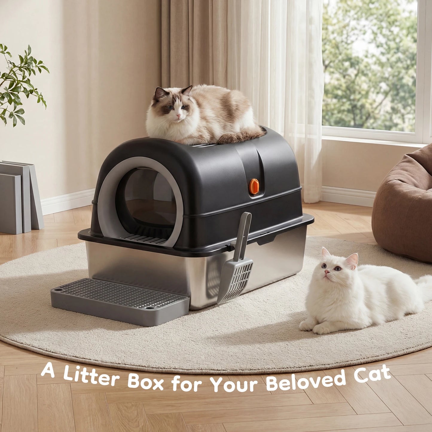 24IN Stainless Steel Cat Litter Box  Fully Enclosed ,30L Large Cat Box ,   Scoop and Mat Included