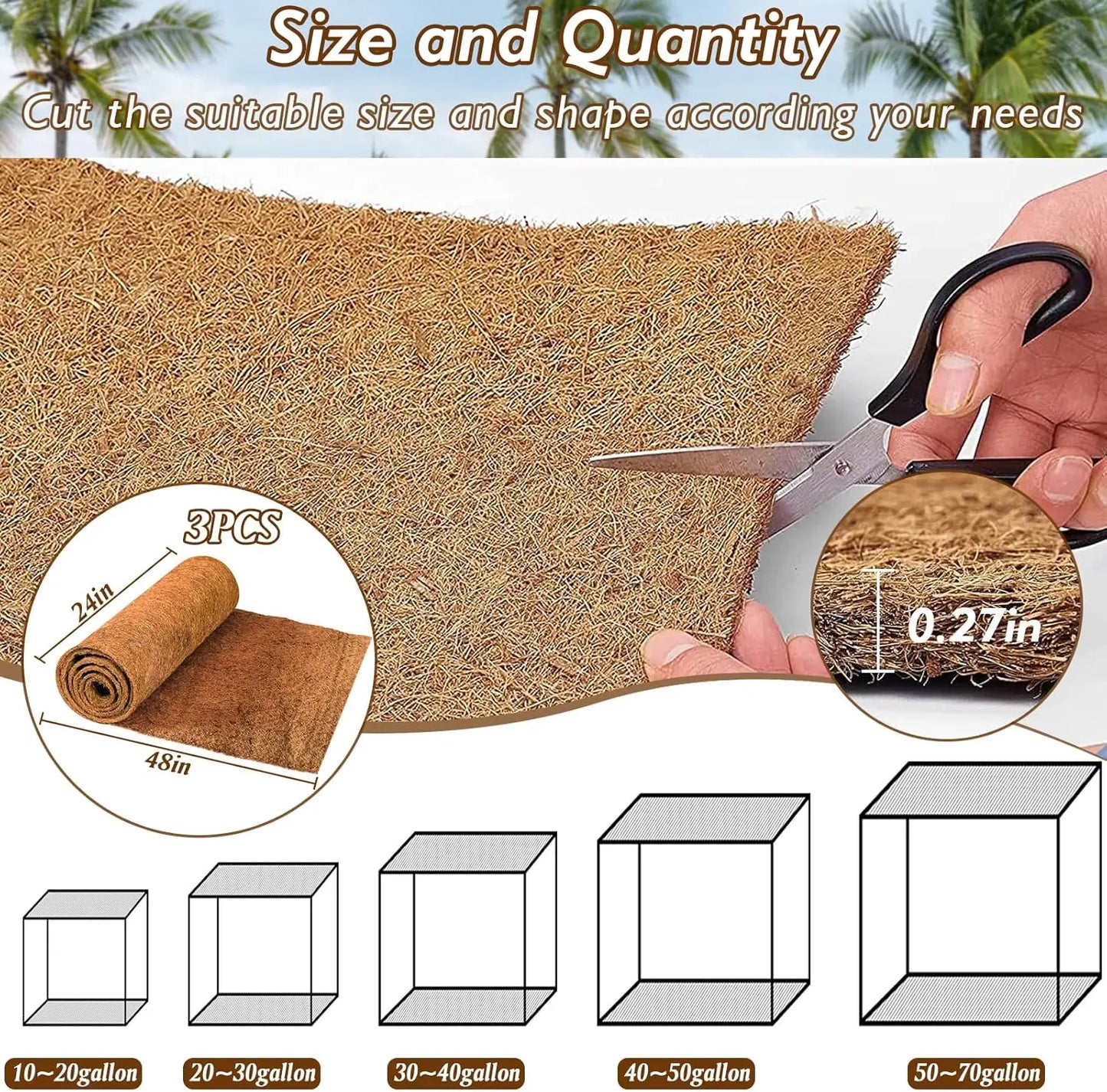 3 Rolls ,
 Carpet, 24x48in Natural Coconut Fiber Liner Mat Substrate Bedding