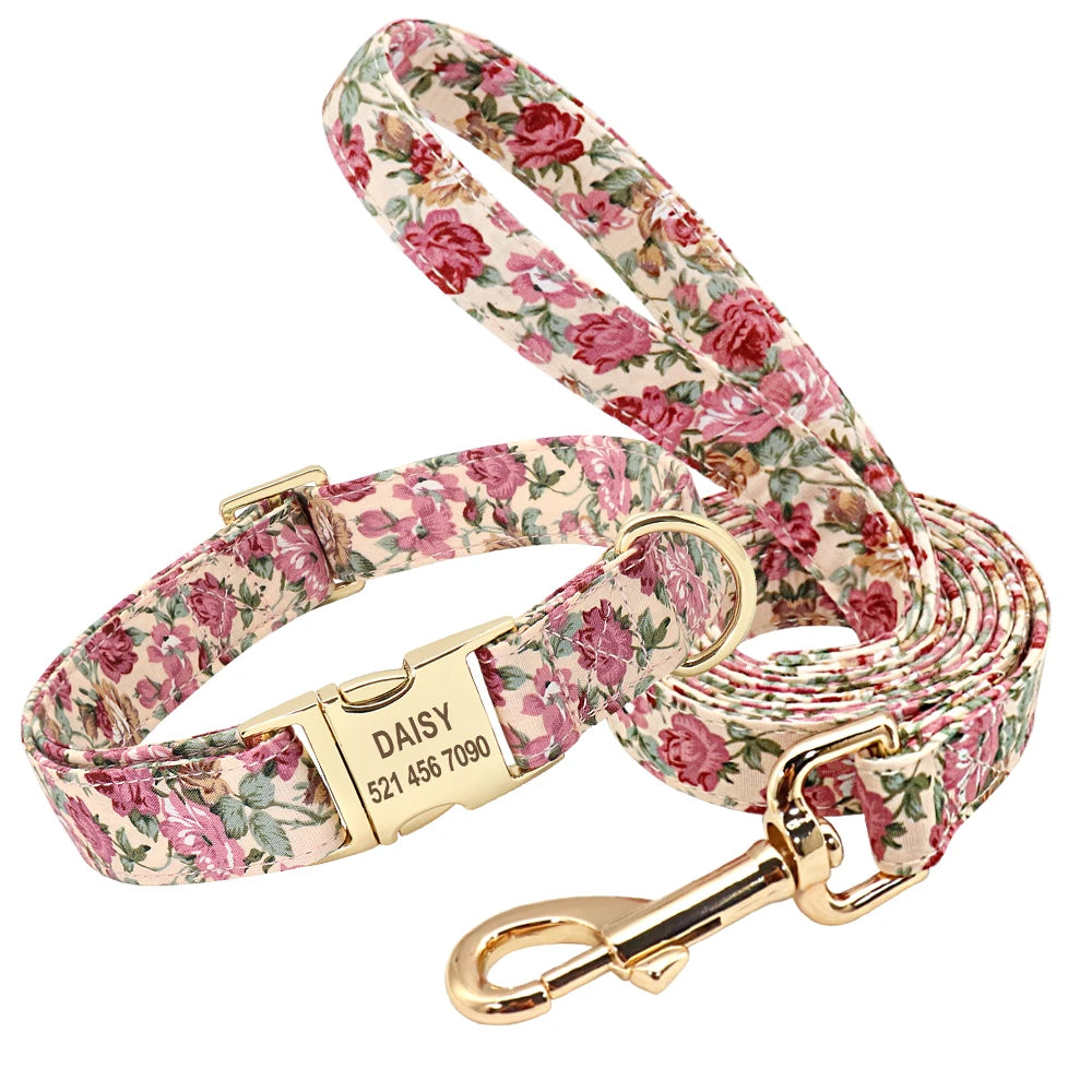 Printed Dog Collar Leash Set Customized  Engraved Nameplate