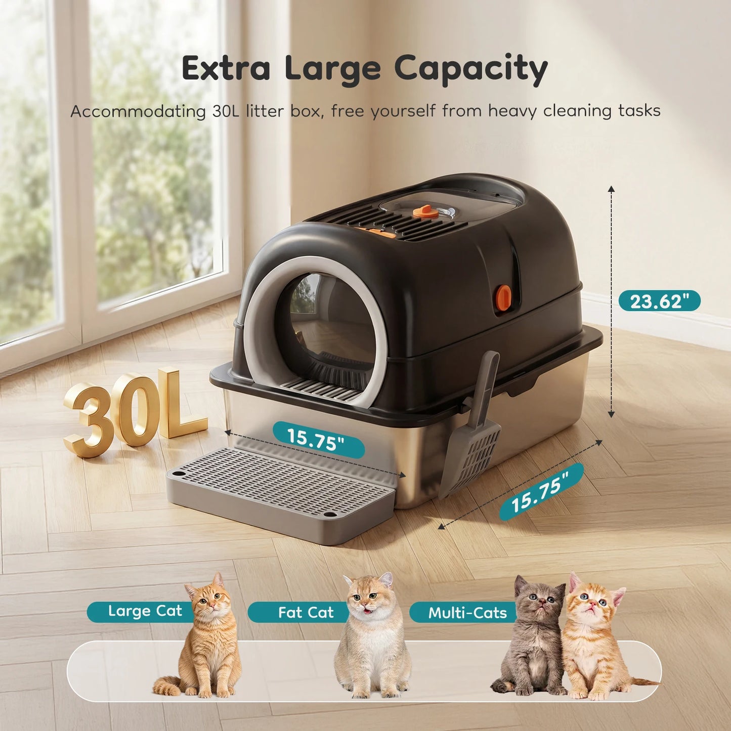 24IN Stainless Steel Cat Litter Box  Fully Enclosed ,30L Large Cat Box ,   Scoop and Mat Included