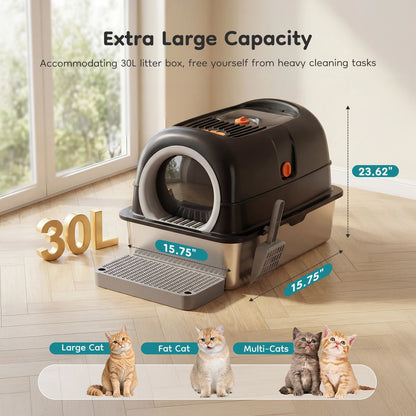 24IN Stainless Steel Cat Litter Box  Fully Enclosed ,30L Large Cat Box ,   Scoop and Mat Included