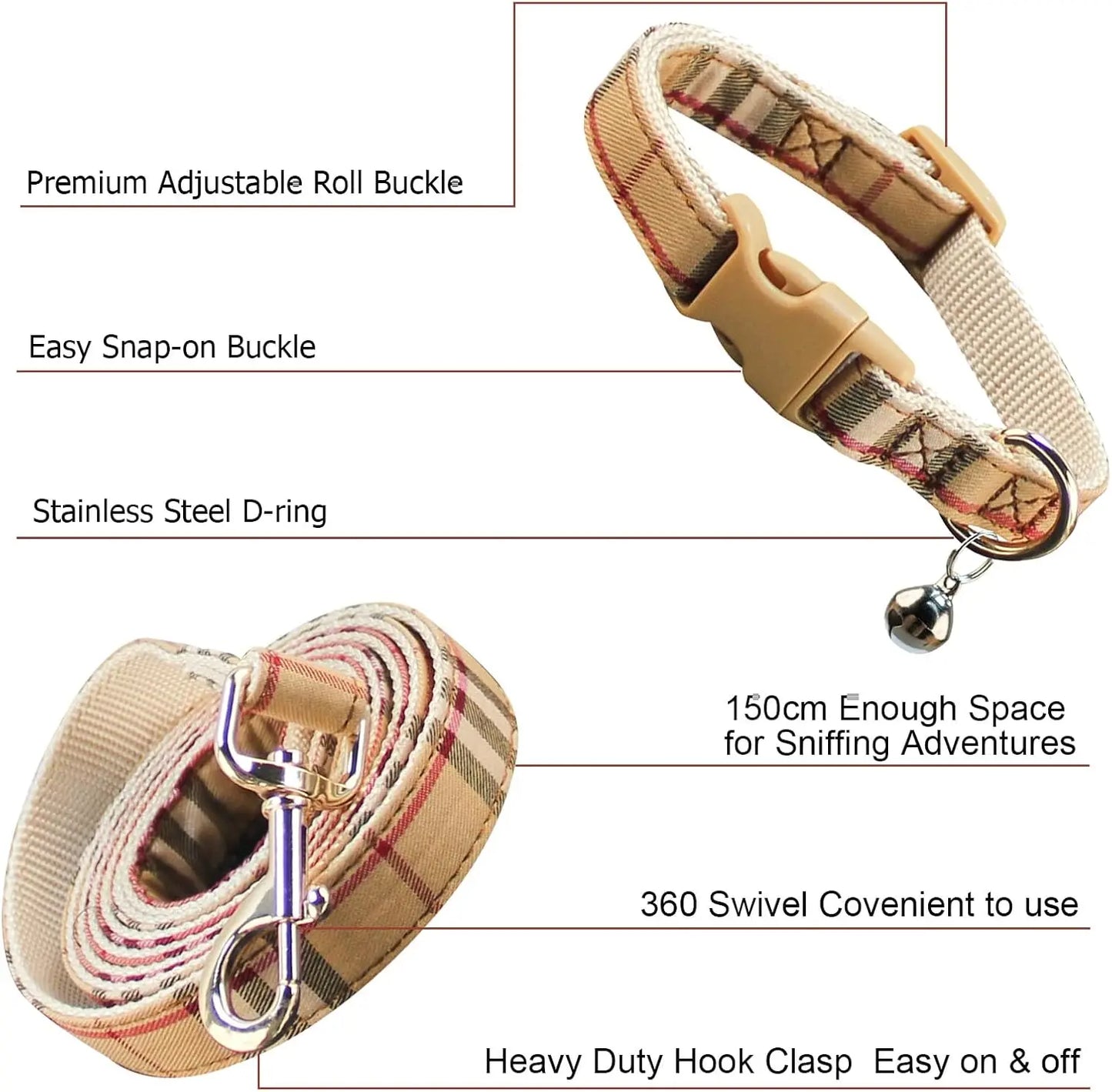 Adjustable Plaid Dog Collar Harness Leash Set,