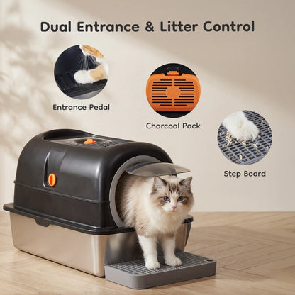 24IN Stainless Steel Cat Litter Box  Fully Enclosed ,30L Large Cat Box ,   Scoop and Mat Included