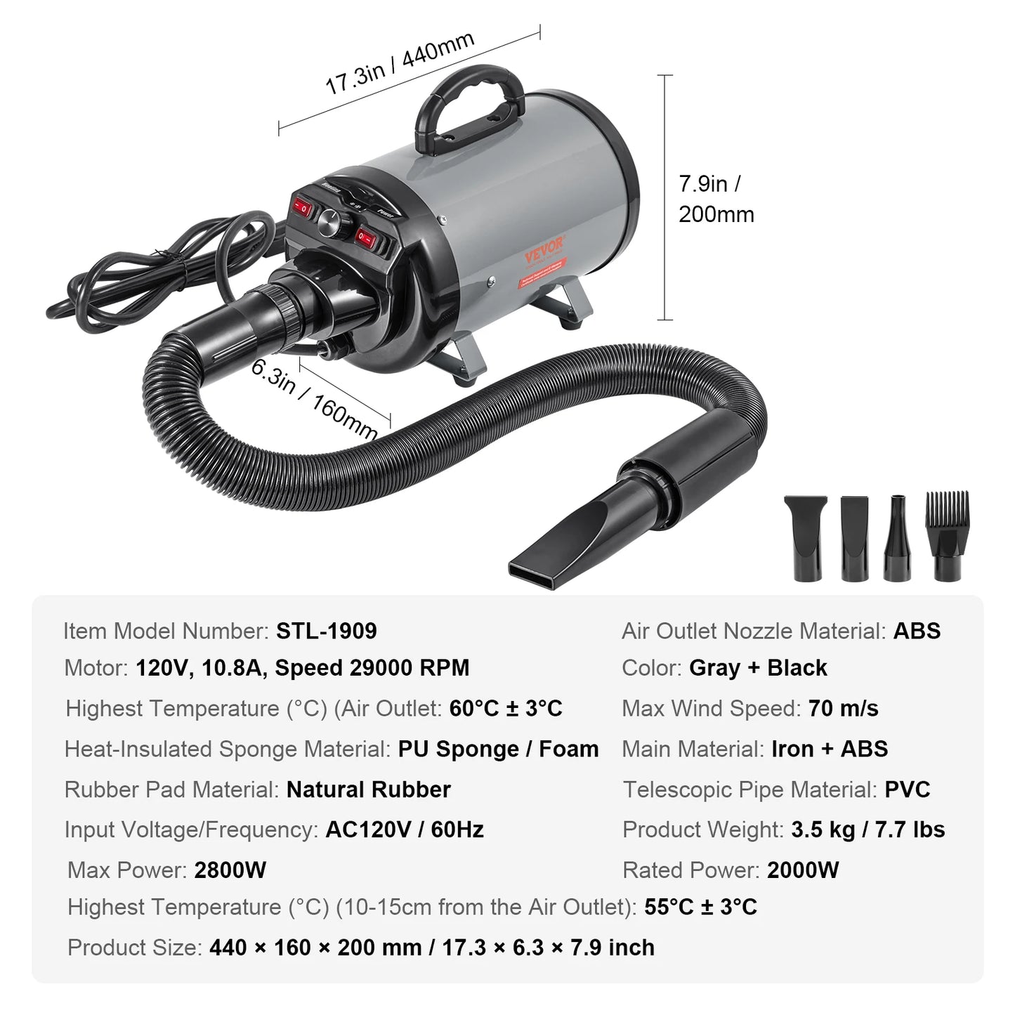 2000W/2.7HP Dog Blow Dryer Adjustable Speed Temperature Control