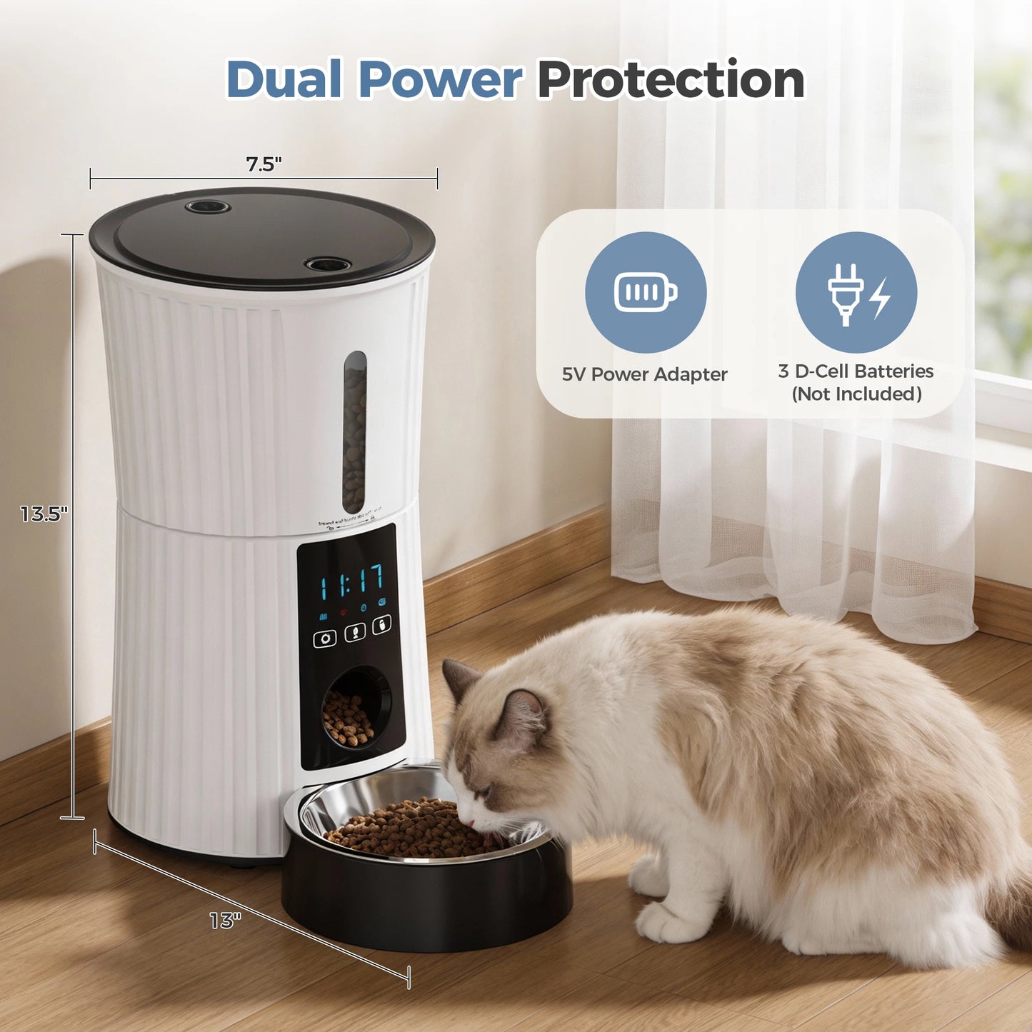 4L Automatic Feeder WiFi Timed  Food Dispenser ,  Dual Power Supply Indoor Programmable
