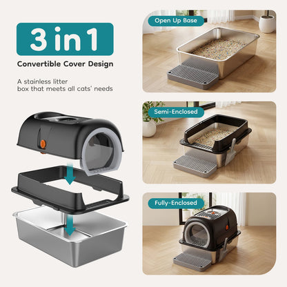 24IN Stainless Steel Cat Litter Box  Fully Enclosed ,30L Large Cat Box ,   Scoop and Mat Included