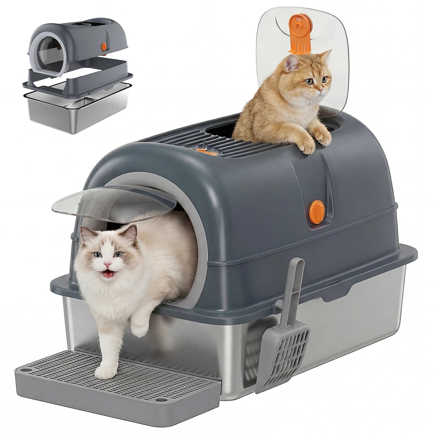 24IN Stainless Steel Cat Litter Box  Fully Enclosed ,30L Large Cat Box ,   Scoop and Mat Included