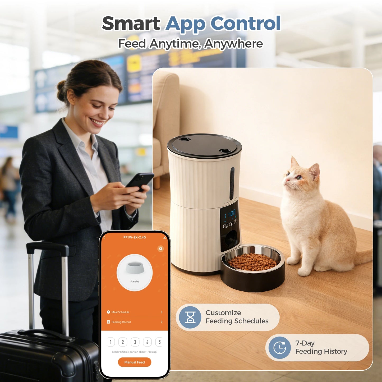 4L Automatic Feeder WiFi Timed  Food Dispenser ,  Dual Power Supply Indoor Programmable