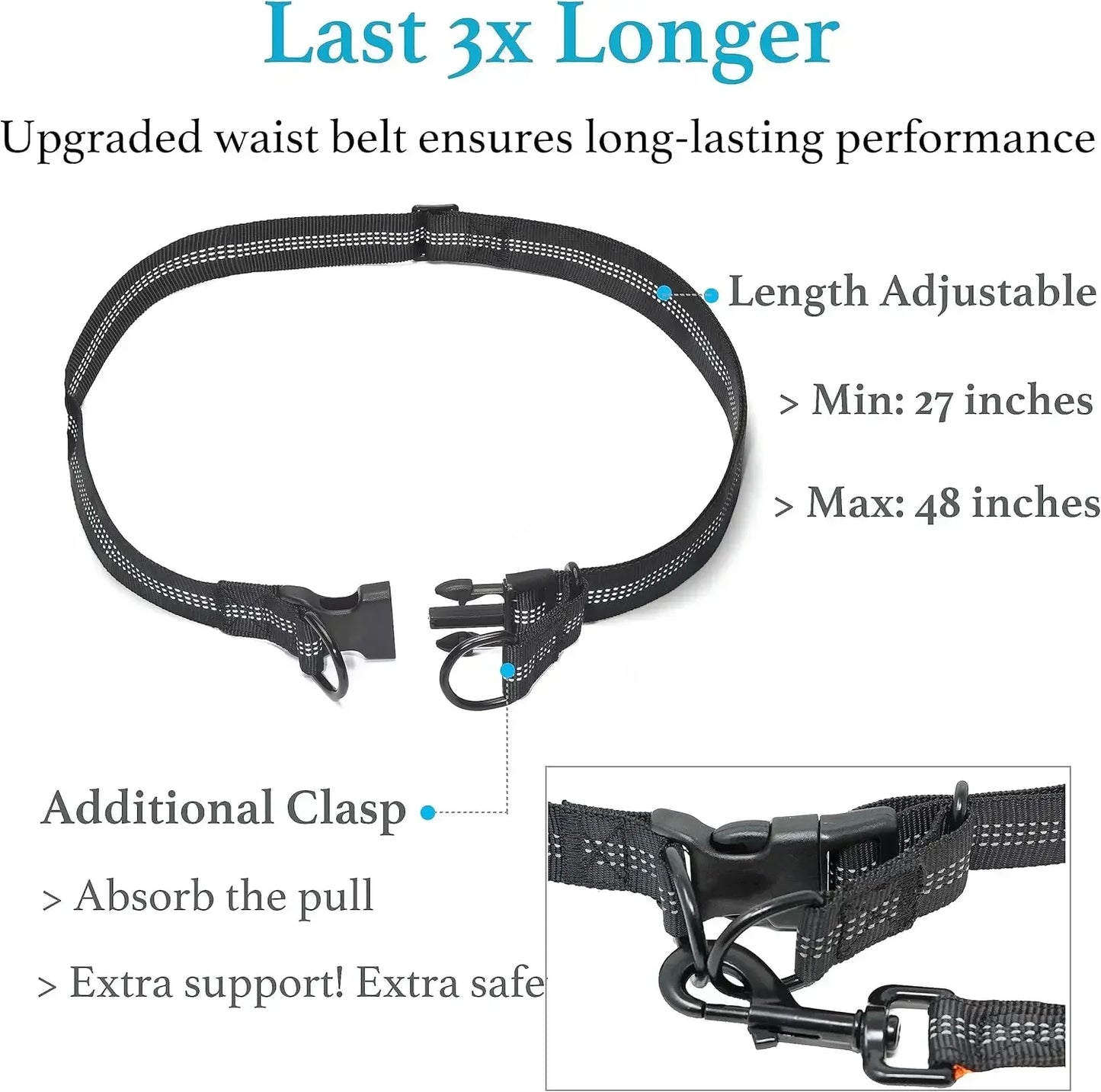 Retractable Hands Free Dog Leash With Dual Handle Bungee Waist Belt For Small Medium Large Dogs 25-150 Lbs Black