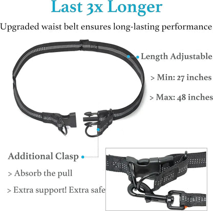 Retractable Hands Free Dog Leash With Dual Handle Bungee Waist Belt For Small Medium Large Dogs 25-150 Lbs Black