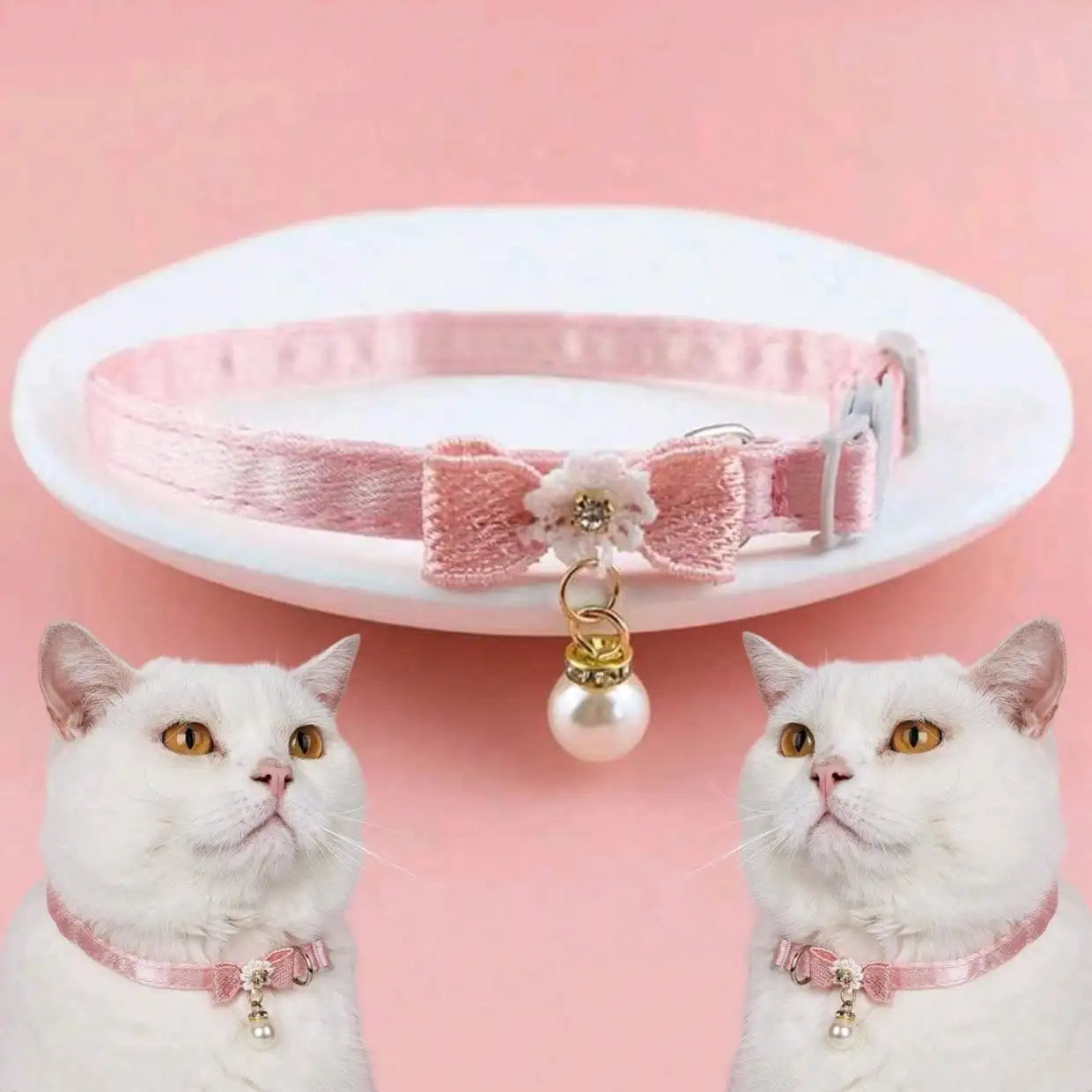 1pc Adjustable Polyester Cat Collar With Pearl Bead Decor