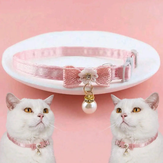 1pc Adjustable Polyester Cat Collar With Pearl Bead Decor