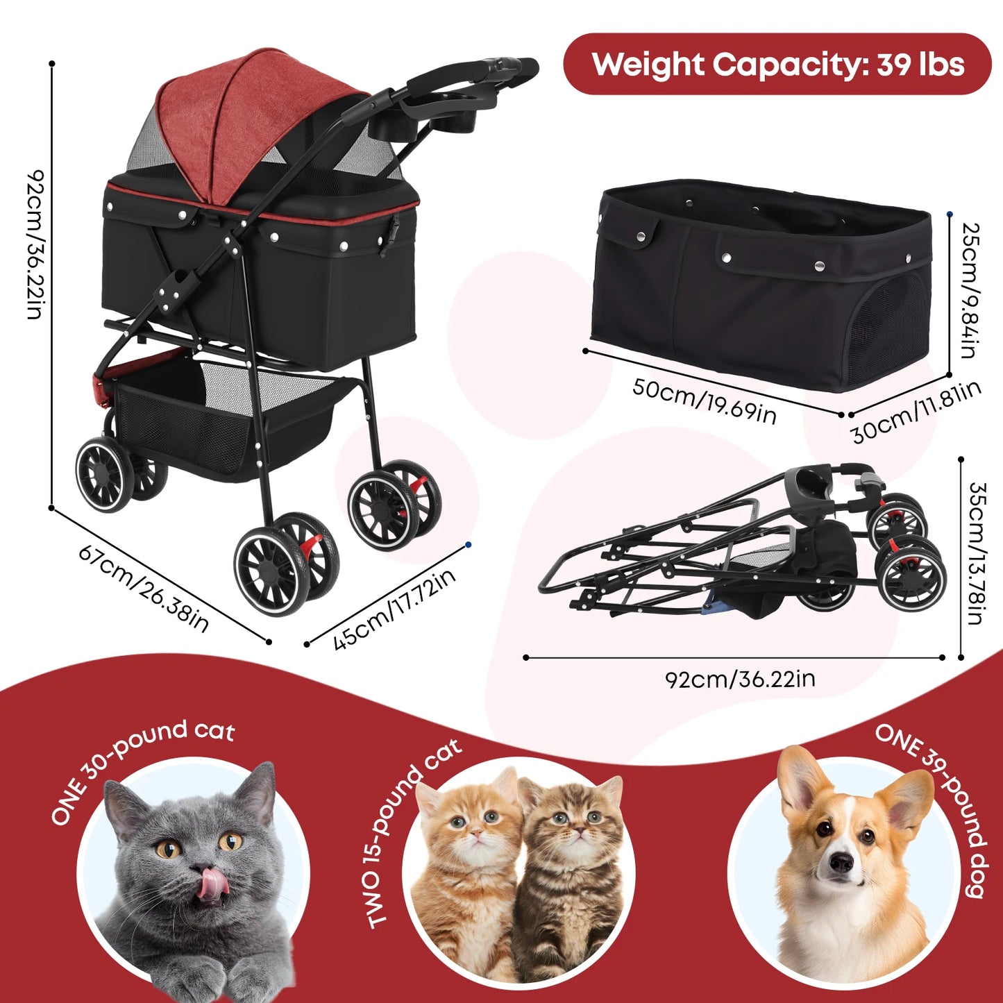 Pet Stroller ,3 Wheels Foldable with  Mesh Canopy 
Outdoor Travel