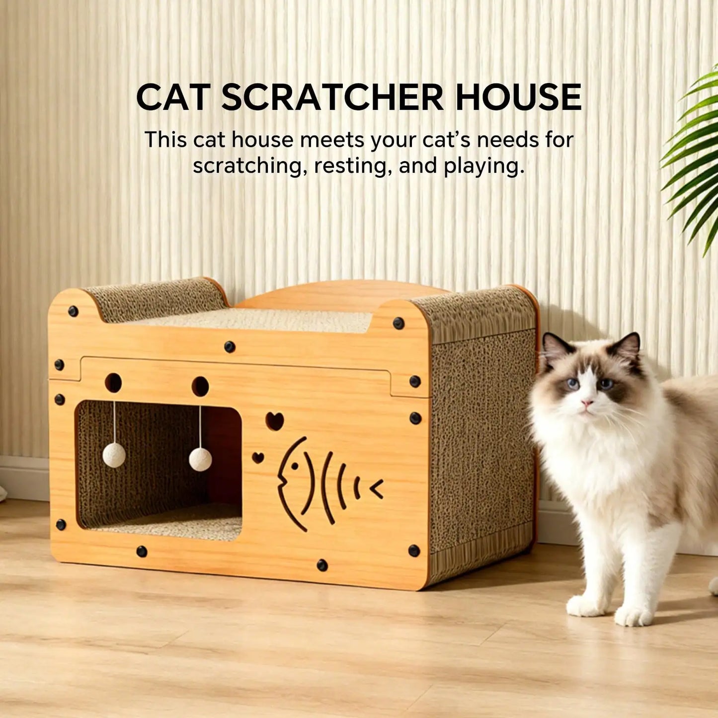 Cat Scratching Board And Resting Bed | With Hanging Toys,