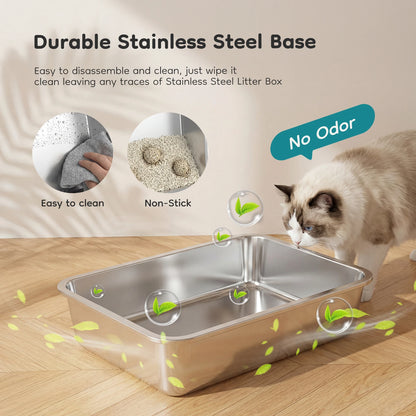 24IN Stainless Steel Cat Litter Box  Fully Enclosed ,30L Large Cat Box ,   Scoop and Mat Included