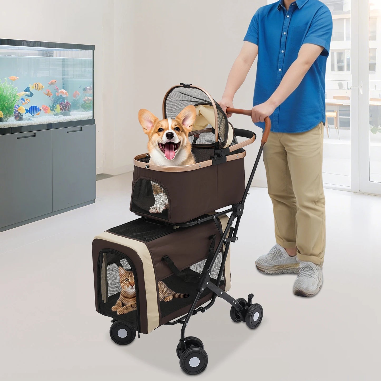 3-in-1 Multifunctional Pet Stroller Foldable with 2 Pet Carriers